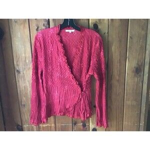 C C C Top Size M Wrap Around Textured Embroidery Long Bell Sleeves Sheer Red
